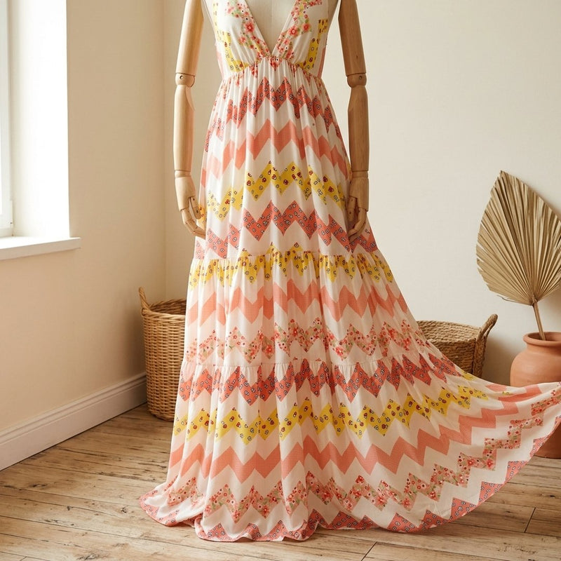 Silk Drukowany Żółty Zygzak – sukienka maxi letnia z tej tkaniny