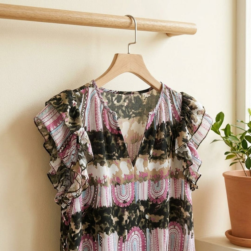 Szyfon Drukowany Wzory Orientalne Tęcza Tie Dye – bluzka z falbaną z tej tkaniny