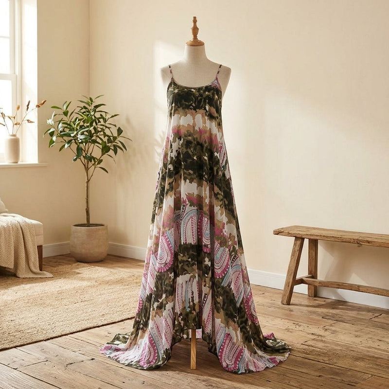 Szyfon Drukowany Wzory Orientalne Tęcza Tie Dye – sukienka maxi letnia z tej tkaniny