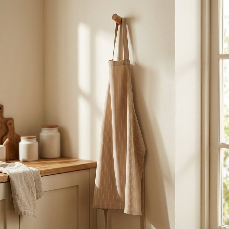 Tencel Paski Piaskowy – fartuch kuchenny z tej tkaniny