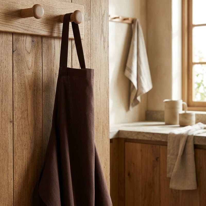 Tencel Pianka Ciemny Brąz – fartuch kuchenny z tej tkaniny