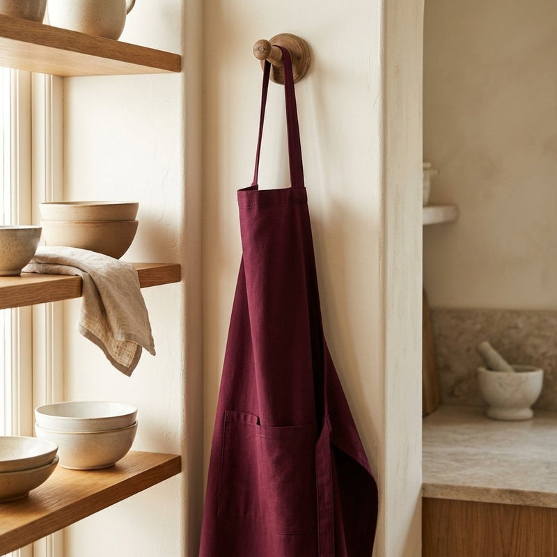 Tencel Pianka Bordowa – fartuch kuchenny z tej tkaniny