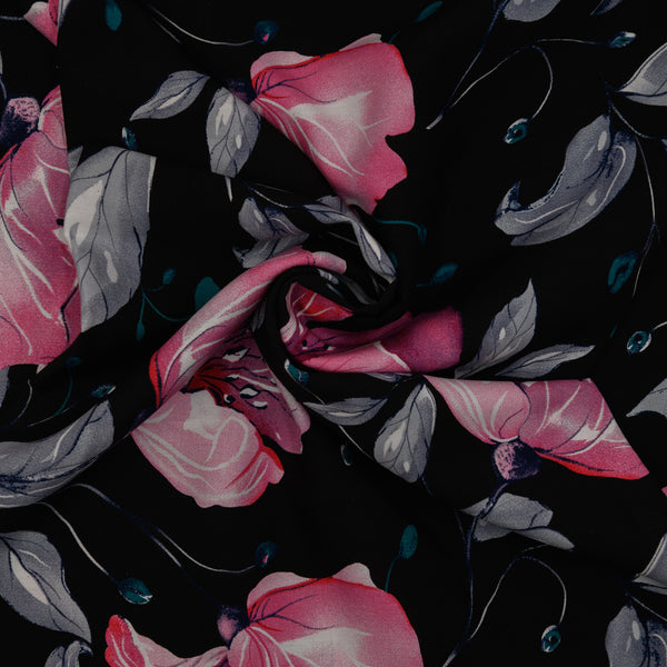 Wiskoza Drukowana Czarne Tło Różowa Magnolia - Textil World
