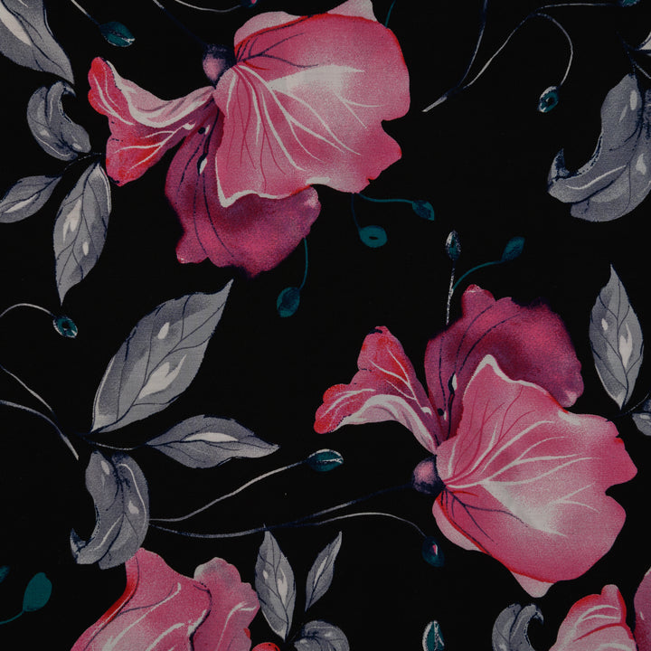 Wiskoza Drukowana Czarne Tło Różowa Magnolia - Textil World