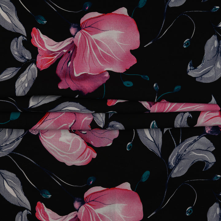 Wiskoza Drukowana Czarne Tło Różowa Magnolia - Textil World