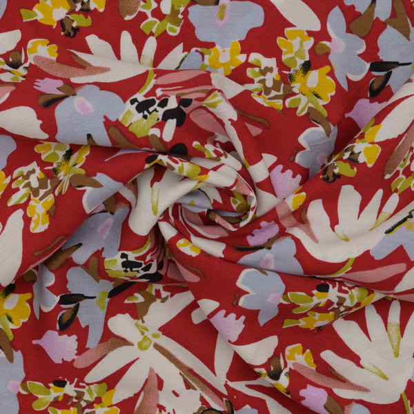 Wiskoza Drukowana Czerwone Kwiaty Flora - Textil World