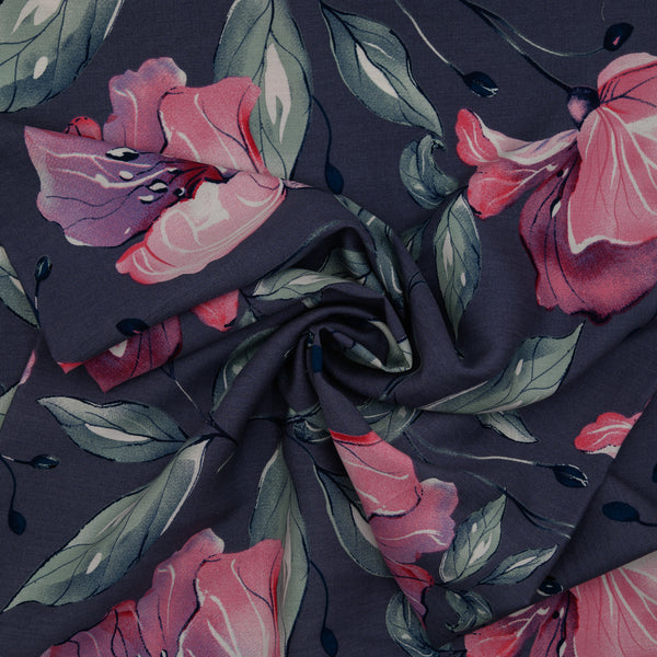 Wiskoza Drukowana Grafitowa Magnolia z Różem - Textil World