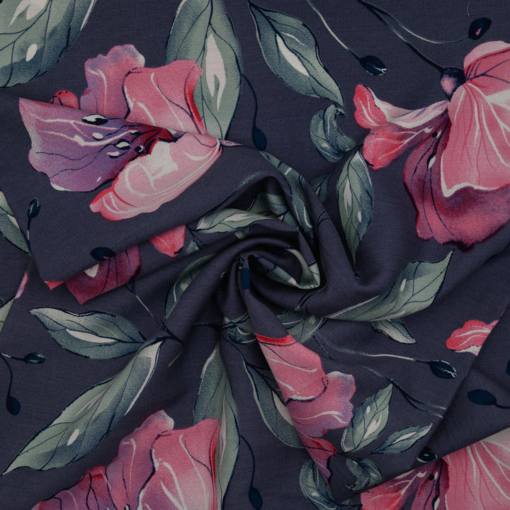 Wiskoza Drukowana Grafitowa Magnolia z Różem - Textil World