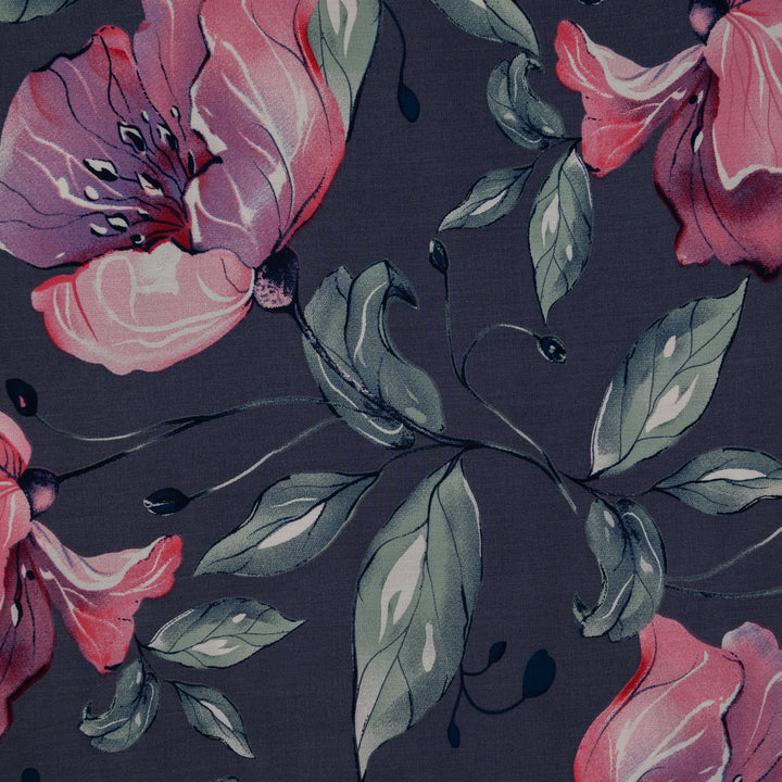 Wiskoza Drukowana Grafitowa Magnolia z Różem - Textil World