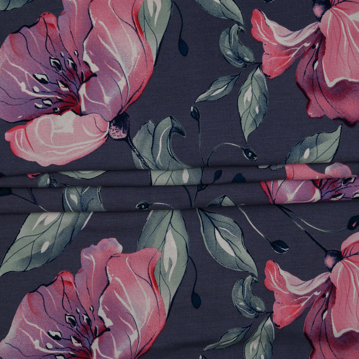 Wiskoza Drukowana Grafitowa Magnolia z Różem - Textil World