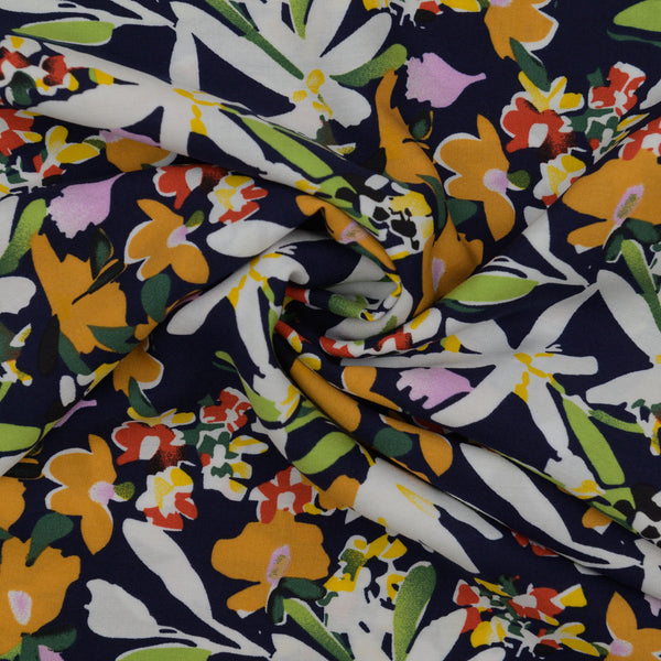 Wiskoza Drukowana Granatowe Kwiaty Flora - Textil World