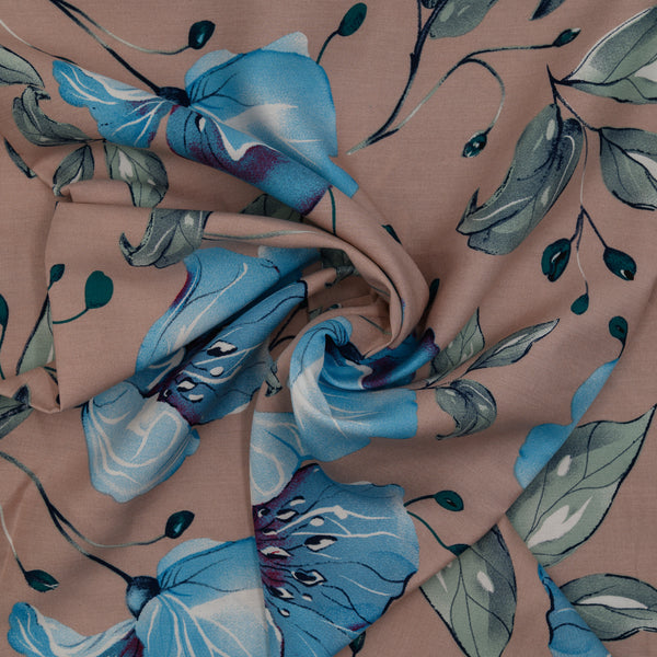 Wiskoza Drukowana Kawowy Ogród z Błękitnymi Magnoliami - Textil World
