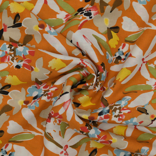 Wiskoza Drukowana Pomarańczowe Kwiaty Flora - Textil World