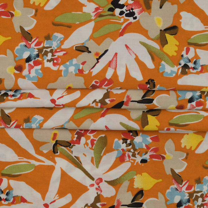 Wiskoza Drukowana Pomarańczowe Kwiaty Flora - Textil World