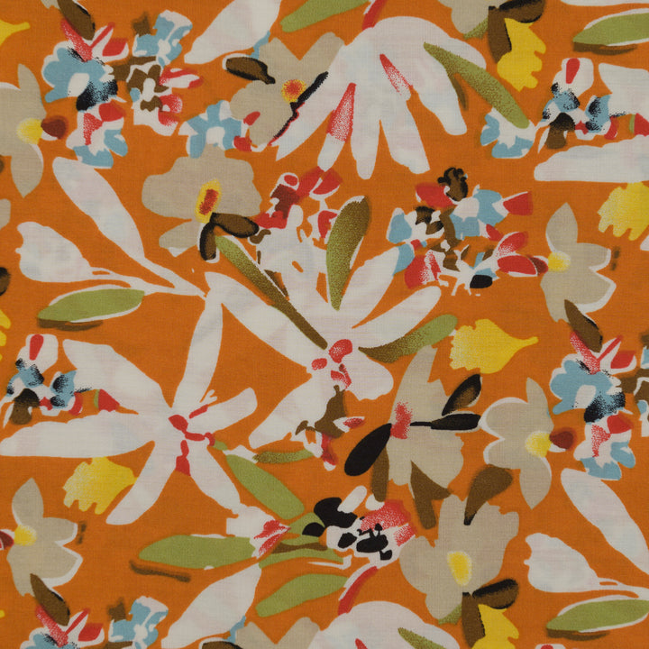 Wiskoza Drukowana Pomarańczowe Kwiaty Flora - Textil World