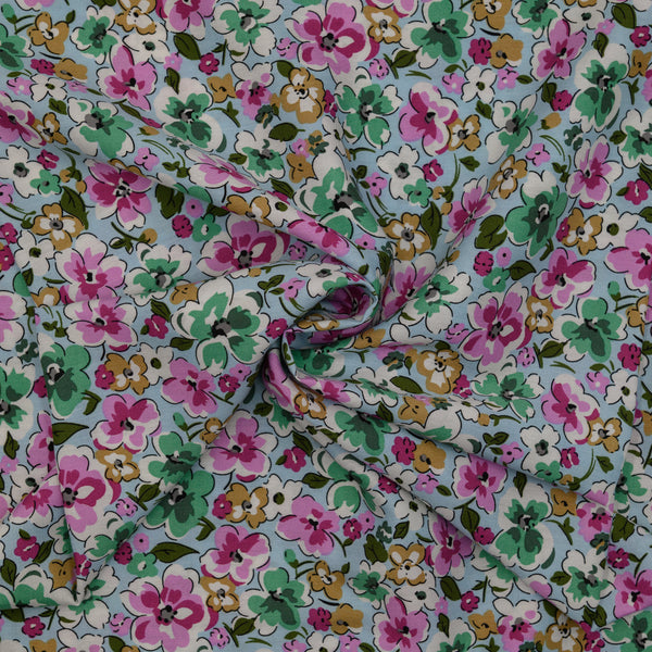 Wiskoza Drukowana Wiosenna Pastelowa Łąka na Błękitnym Tle - Textil World