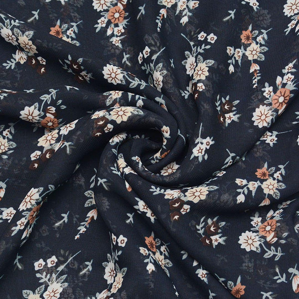 Szyfon Drukowany Granatowy Kwiaty - Textil World