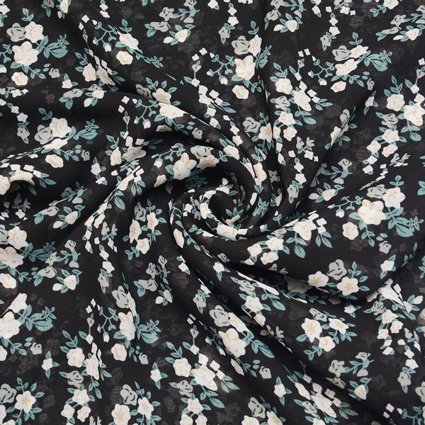 Szyfon Drukowany Czarny Jasne Kwiaty - Textil World