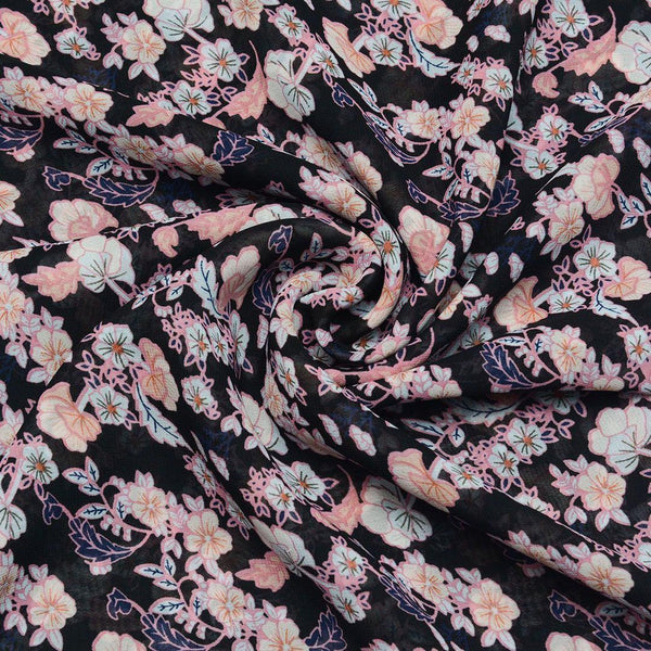 Szyfon Drukowany Czarny Kwiaty - Textil World