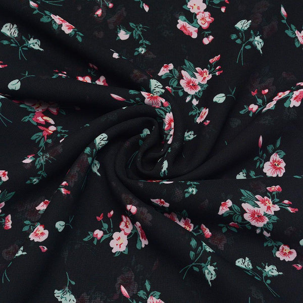 Szyfon Drukowany Czarny Kwiaty - Textil World