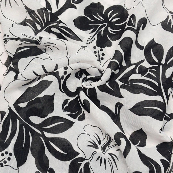 Szyfon Drukowany Czarno-Białe Kwiaty Liście - Textil World