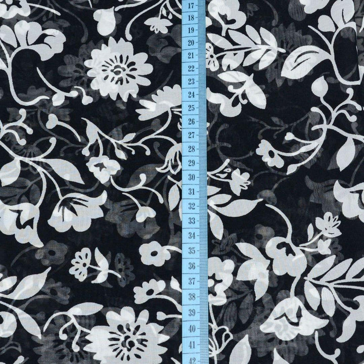 Szyfon Drukowany Czarny Białe Kwiaty - Textil World