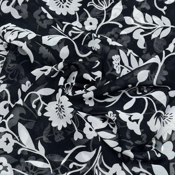 Szyfon Drukowany Czarny Białe Kwiaty - Textil World