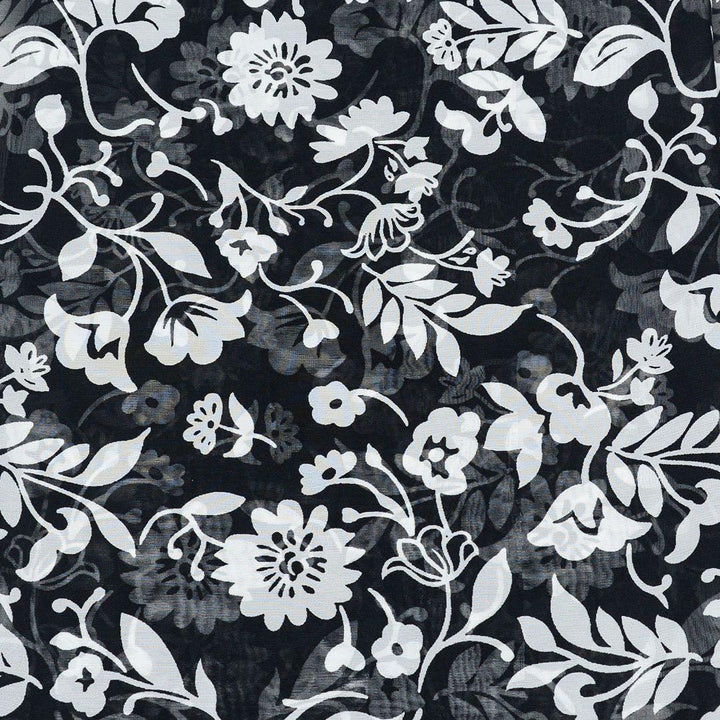 Szyfon Drukowany Czarny Białe Kwiaty - Textil World