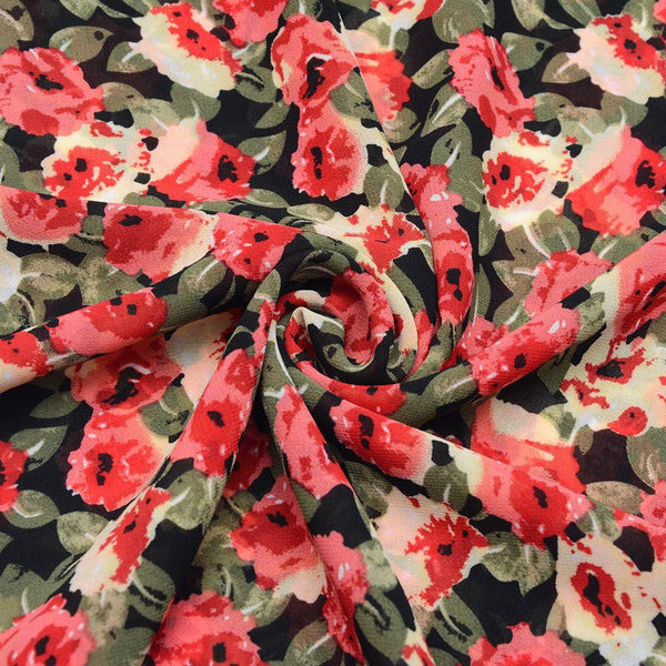 Szyfon Drukowany Czerwone Kwiaty - Textil World