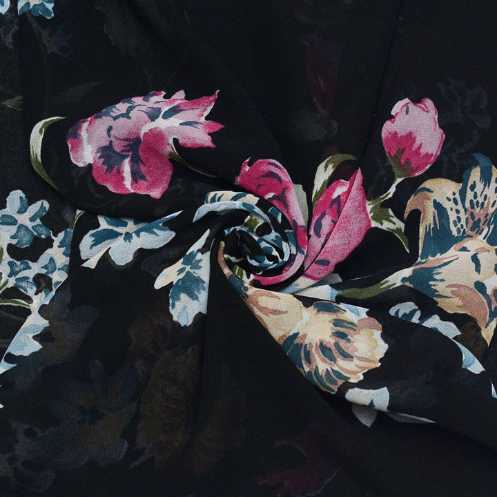 Szyfon Drukowany Czarny Kwiaty - Textil World