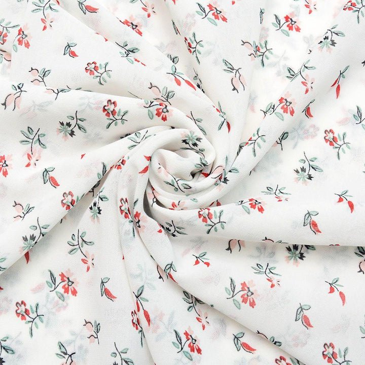 Szyfon Drukowany Biały Kolorowe Listki Gałązki Kwiaty - Textil World