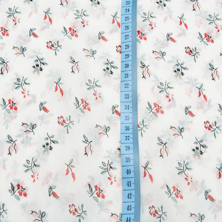 Szyfon Drukowany Biały Kolorowe Listki Gałązki Kwiaty - Textil World
