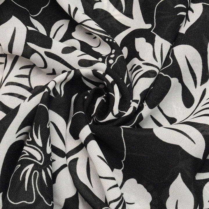 Szyfon Drukowany Czarno-Białe Kwiaty Liście - Textil World