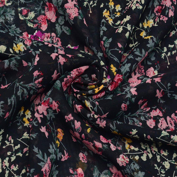 Szyfon Drukowany Czarny Drobne Kwiaty - Textil World