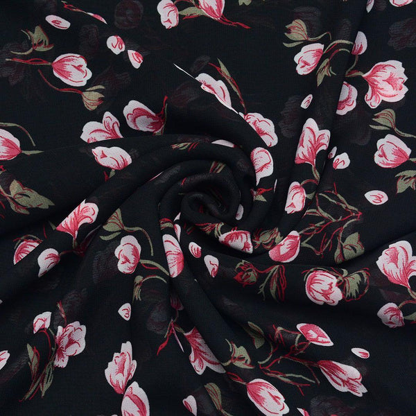 Szyfon Drukowany Czarny Kwiaty - Textil World