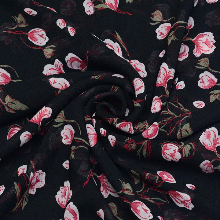 Szyfon Drukowany Czarny Kwiaty - Textil World