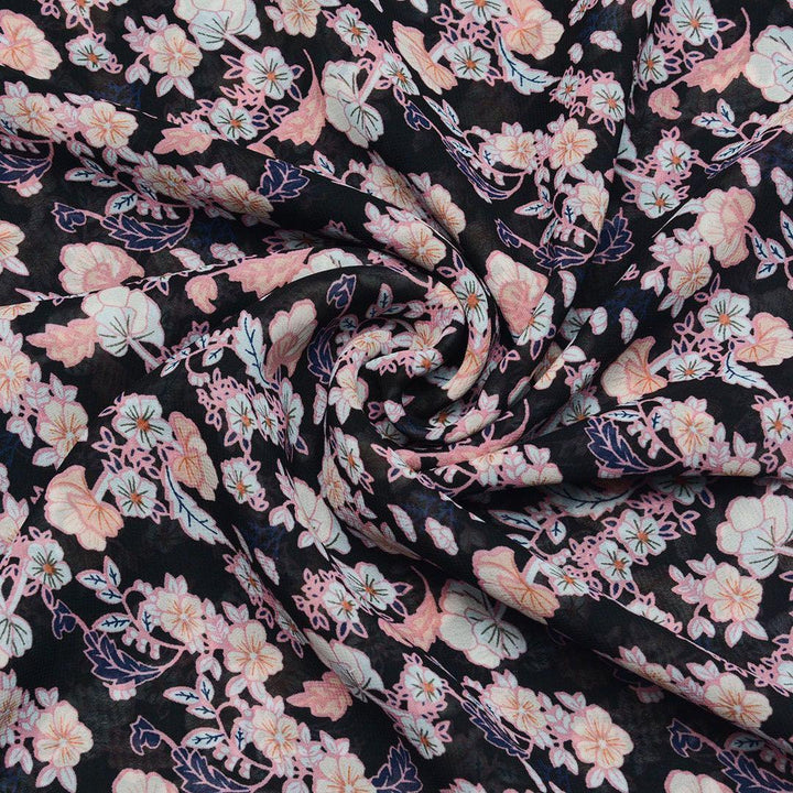 Szyfon Drukowany Czarny Kwiaty - Textil World