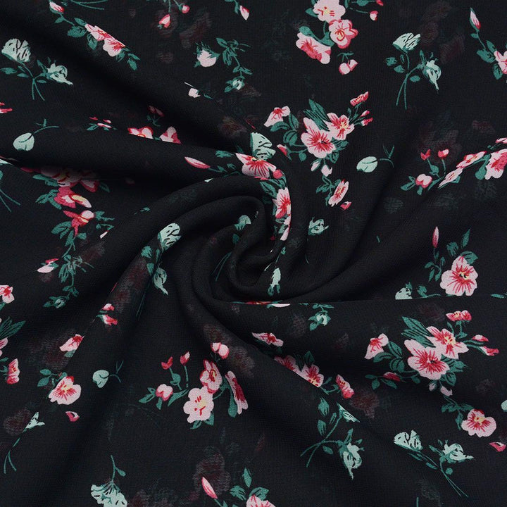 Szyfon Drukowany Czarny Kwiaty - Textil World