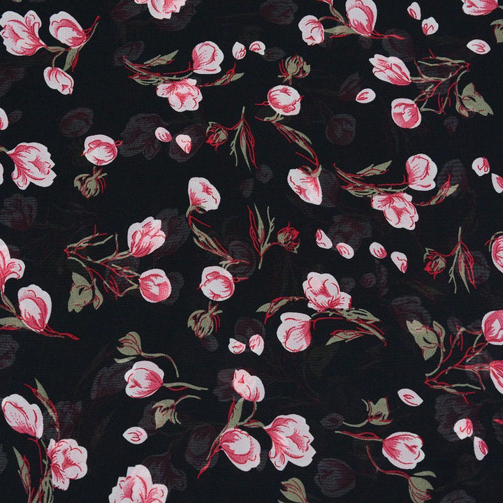 Szyfon Drukowany Czarny Kwiaty - Textil World