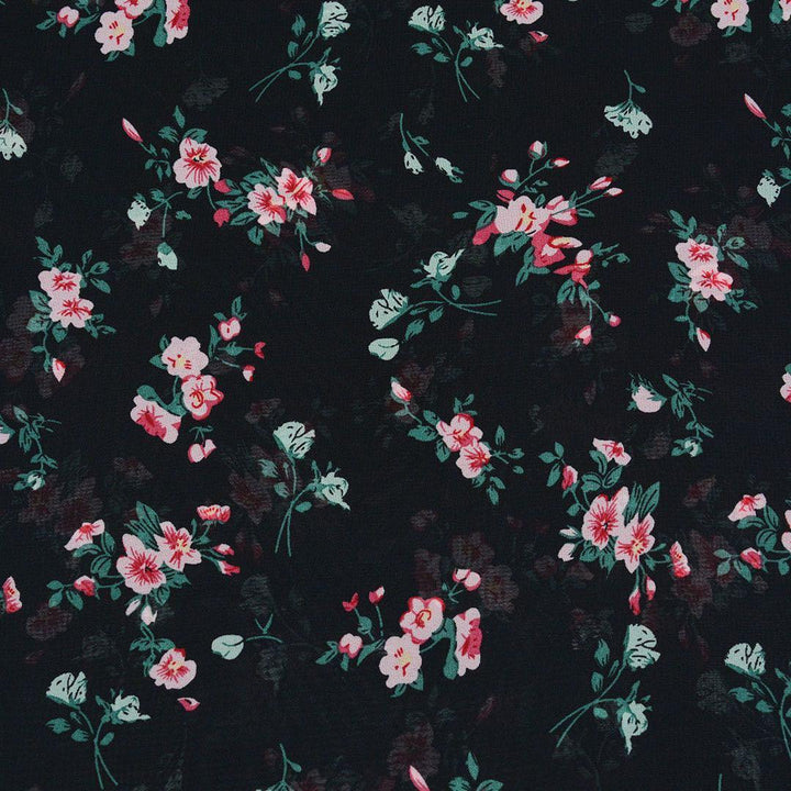Szyfon Drukowany Czarny Kwiaty - Textil World