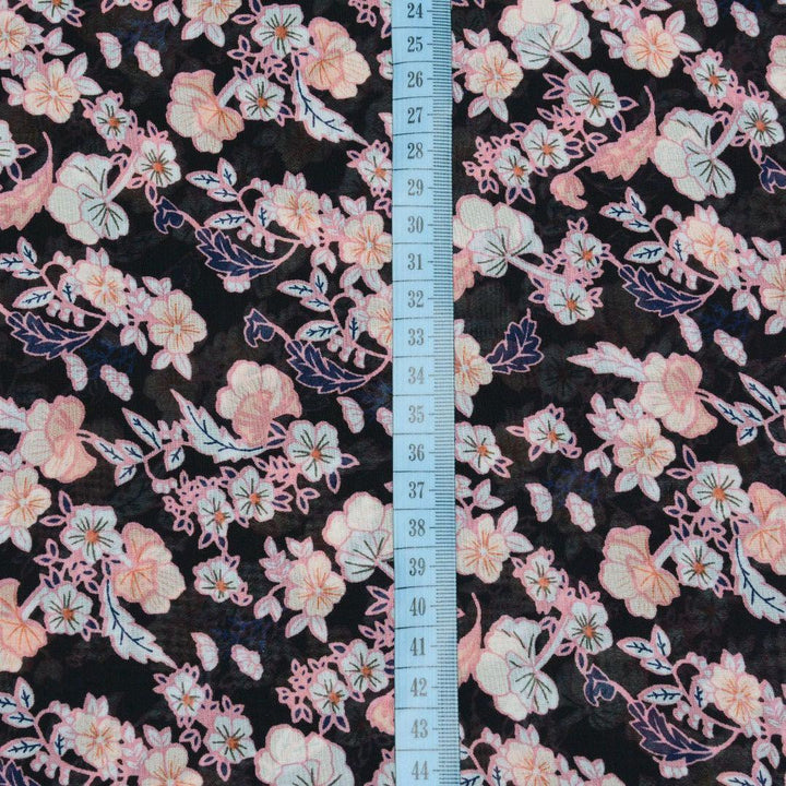 Szyfon Drukowany Czarny Kwiaty - Textil World
