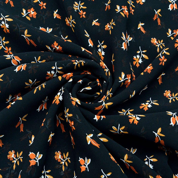 Szyfon Drukowany Czarny Pomarańczowe Kwiaty - Textil World