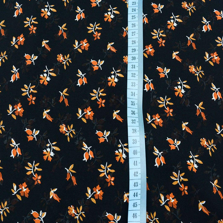 Szyfon Drukowany Czarny Pomarańczowe Kwiaty - Textil World