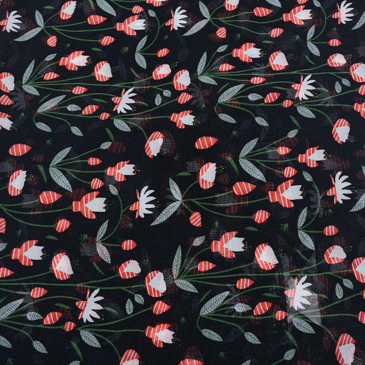 Szyfon Drukowany Czerwone Kwiaty Paski - Textil World