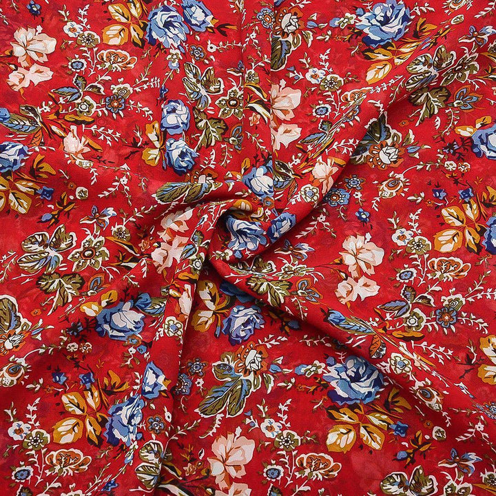 Szyfon Drukowany Czerwony Kolorowe Kwiaty - Textil World
