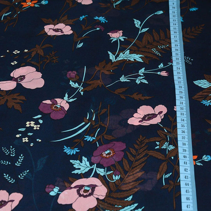 Szyfon Drukowany Granat Kwiaty Liście - Textil World