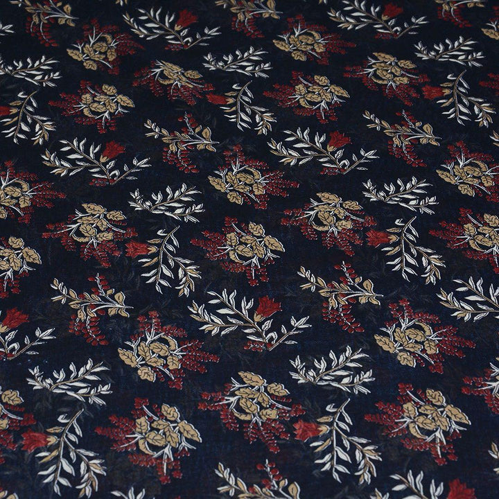 Szyfon Drukowany Granatowy Liście Kwiaty - Textil World