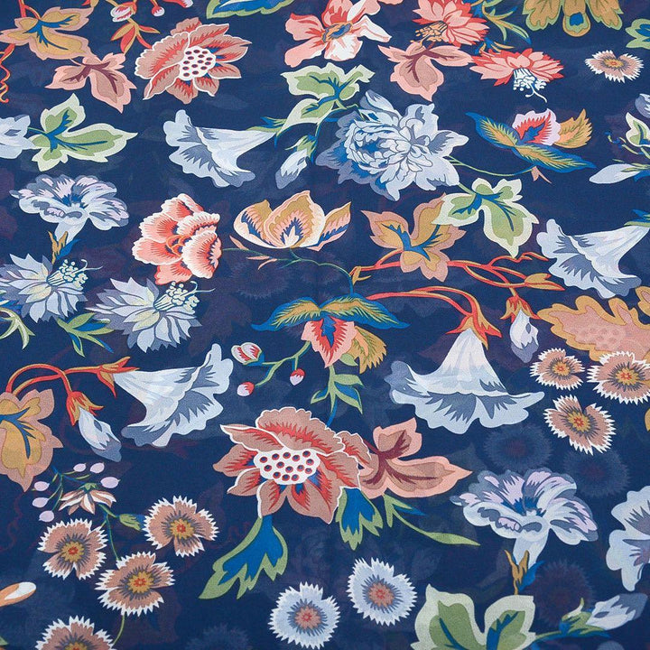 Szyfon Drukowany Niebieski Kolorowe Kwiaty - Textil World