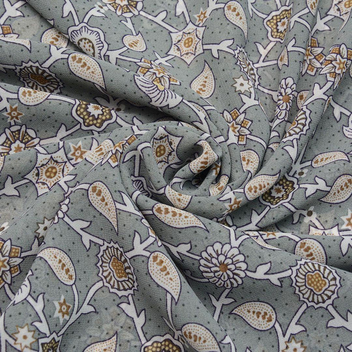Szyfon Drukowany Szary Kwiaty Liście - Textil World