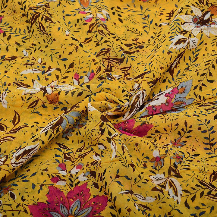 Szyfon Drukowany Żółty Kolorowe Kwiaty - Textil World